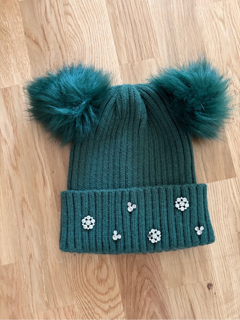 Women’s Emerald Green Pom Pom Beanie with Rhinestone Mickey and snowflakes